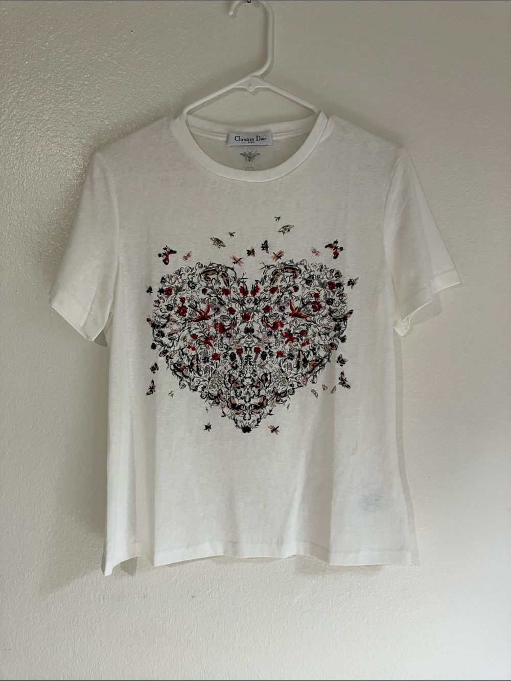 Dior White Short Sleeve Tee with Floral Heart Motif